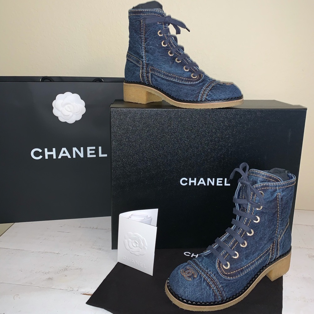 CHANEL Denim lace up Booties Size 38 RARE